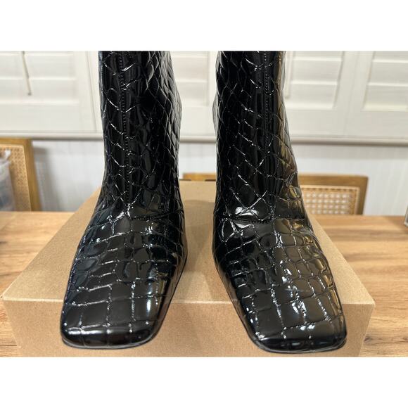 Good American Women's Ankle Boots Croc Embossed Black Size 7 NWOB Square Toe - Picture 5 of 12